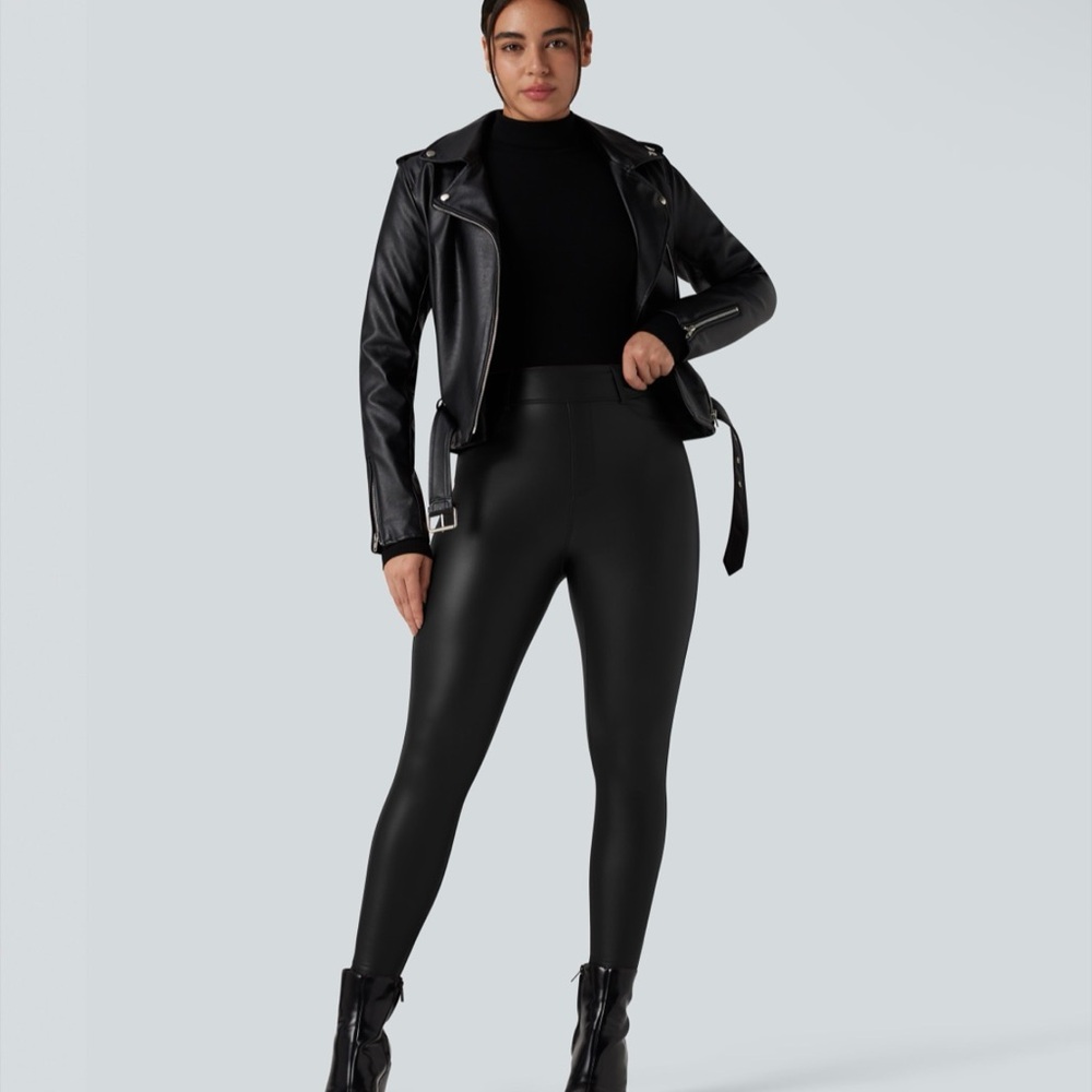 HALARA High Waisted Stretchy PU Fleece Casual Leggings with Pockets